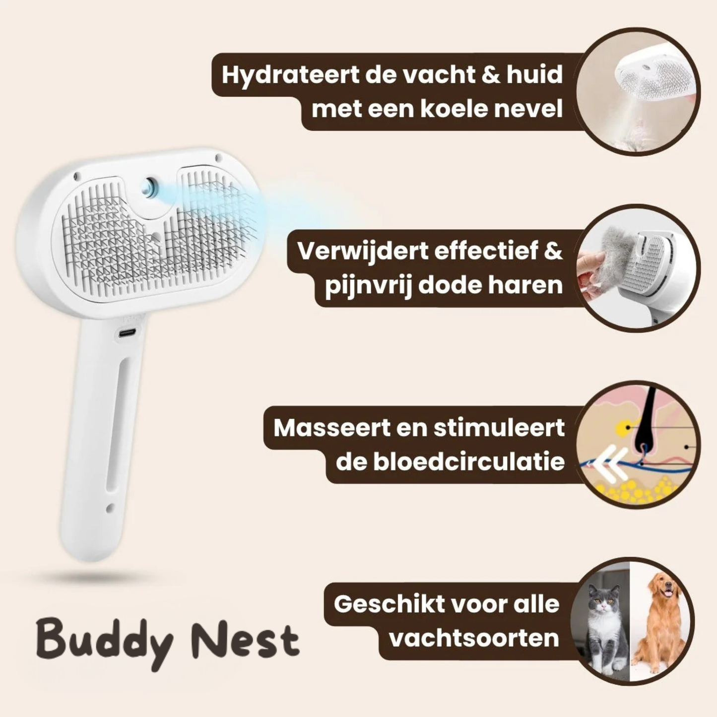 BuddyNest SteamBrush – Brosse professionnelle de soin du pelage pour animaux de compagnie